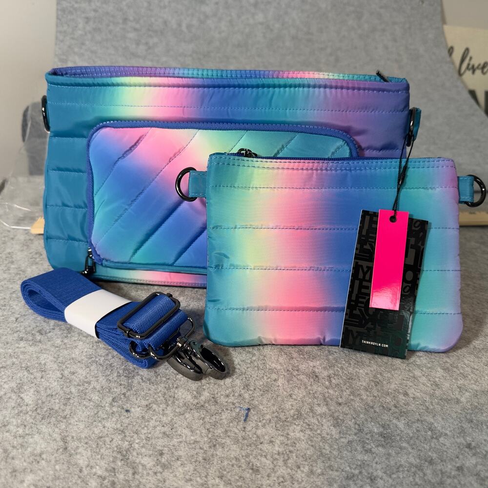 Think Royln Puffer Crossbody Bag with Pouch Blue Rainbow Ombre